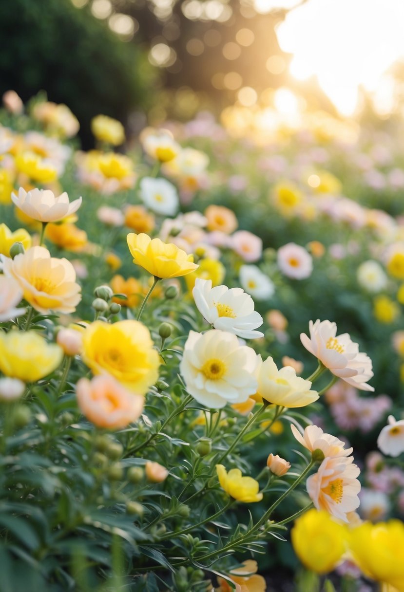 A serene garden with pastel yellow and pale peach flowers, drenched in warm sunlight