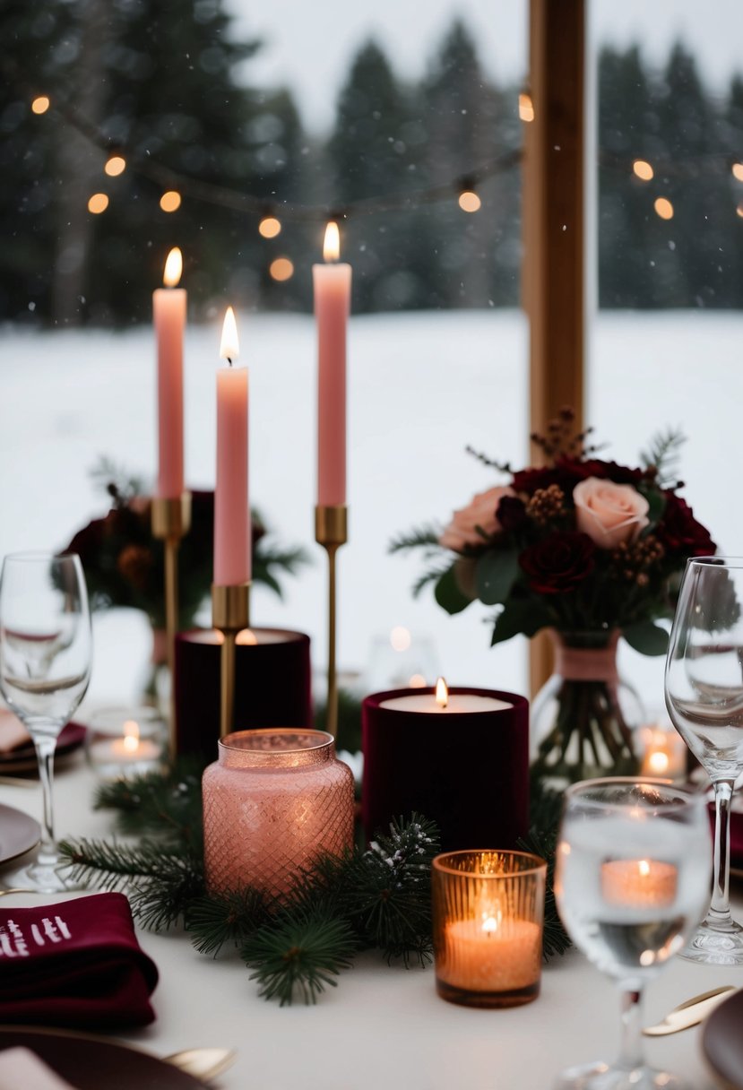 A cozy winter wedding scene with burgundy and blush pink decor, snowy landscape, and a warm candlelit ambiance