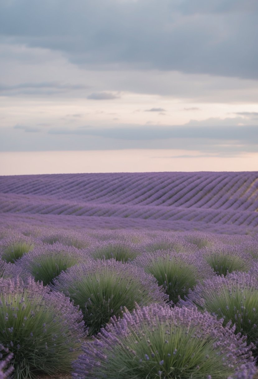 Rolling lavender fields under a soft gray sky, perfect for a pastel wedding palette