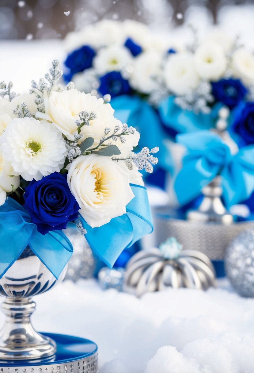 A snowy landscape with sapphire blue accents, white flowers, and silver decor for a winter wedding