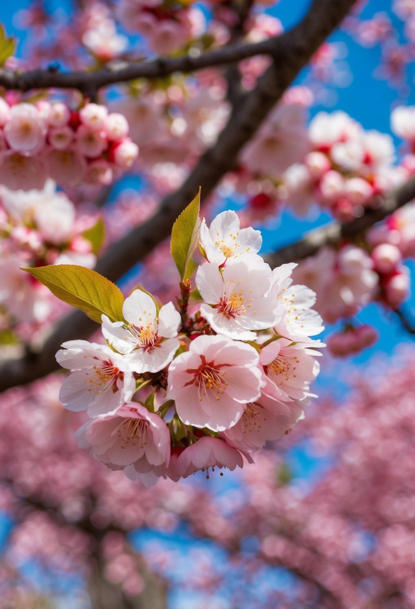 A blooming cherry blossom tree with mint and coral petals