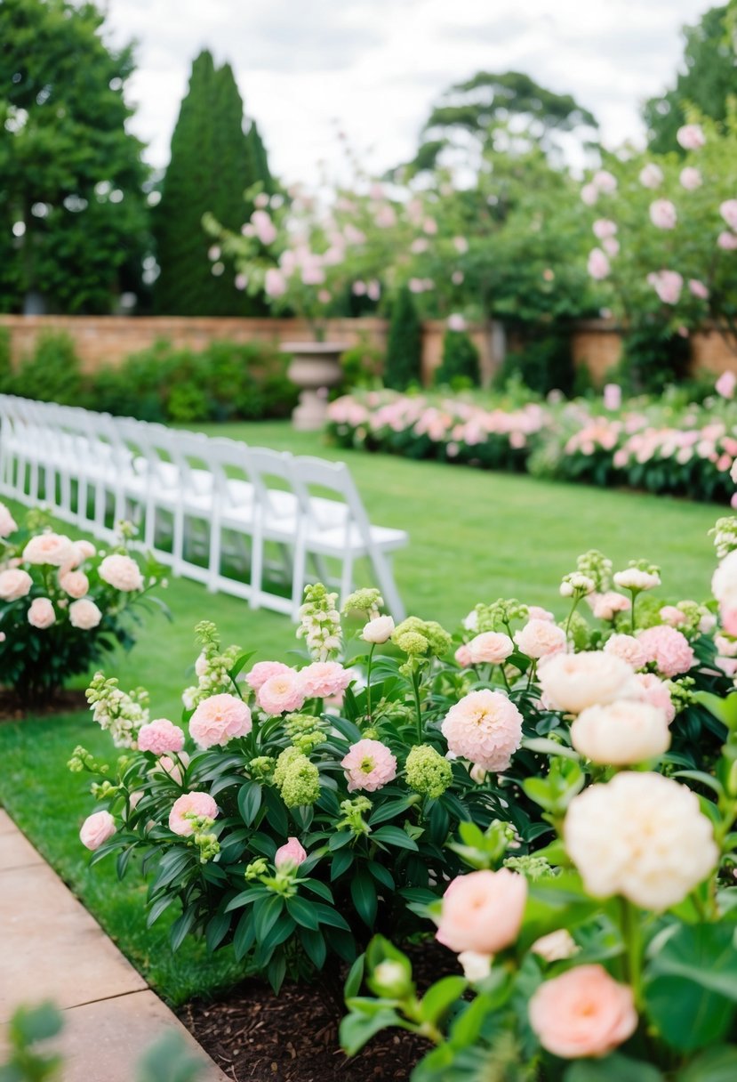 A lush garden with blooming pink and green flowers, set up for an outdoor wedding ceremony