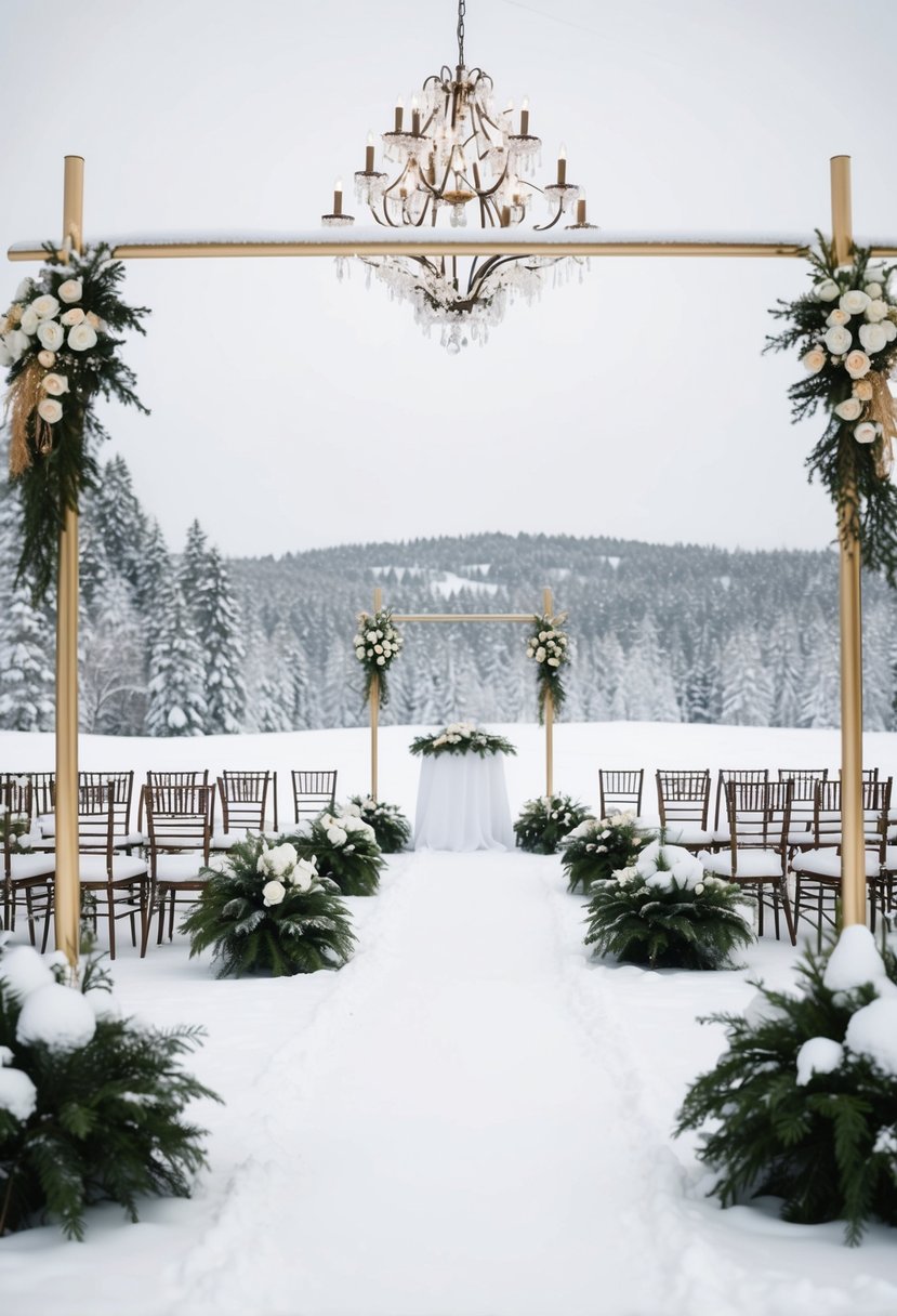 A snow-covered landscape with ivory and gold accents adorning a picturesque winter wedding venue