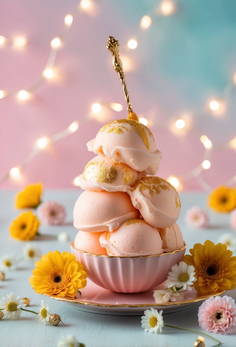 A whimsical peach sorbet with golden touches under a pastel sky, surrounded by delicate flowers and sparkling fairy lights