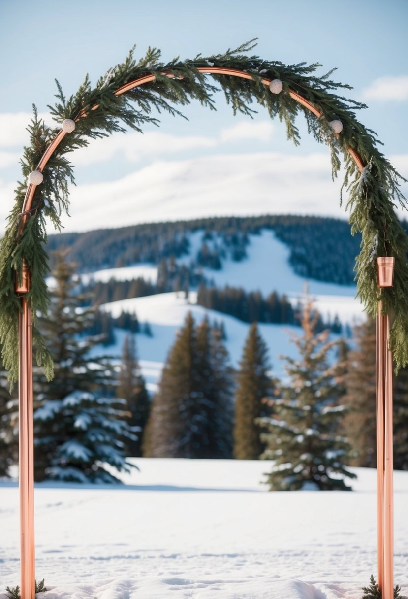 A snowy landscape with evergreen trees and copper accents on a wedding arch