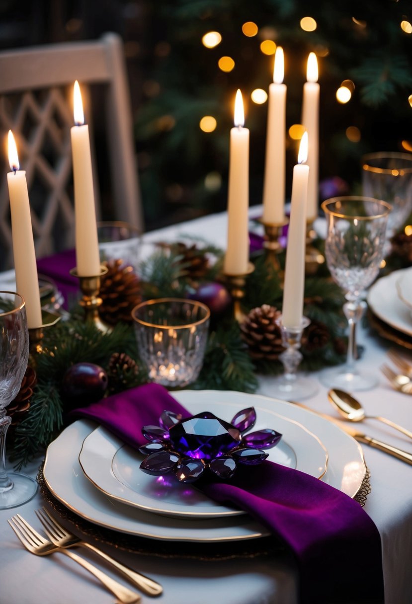 An elegant table setting with amethyst and plum accents, surrounded by winter foliage and candlelight