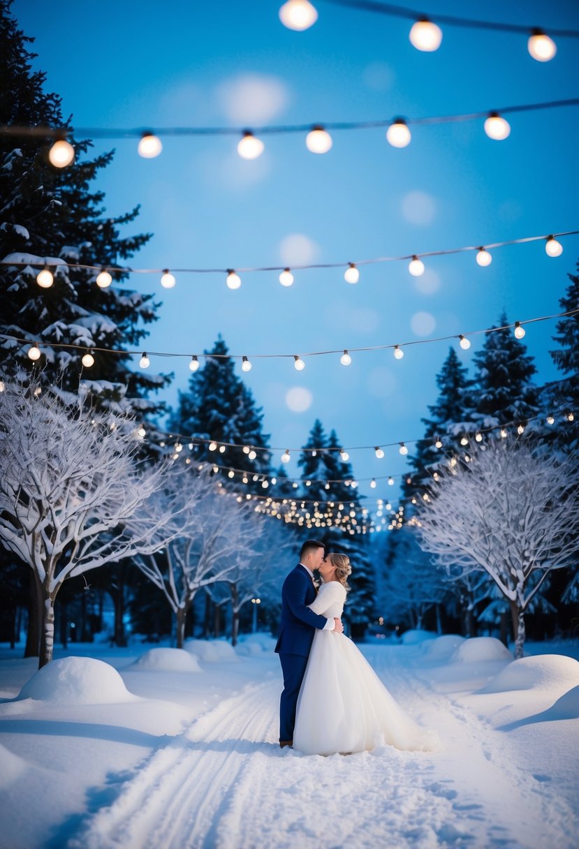 A winter wedding scene with midnight blue and silver decor, snow-covered trees, and twinkling lights