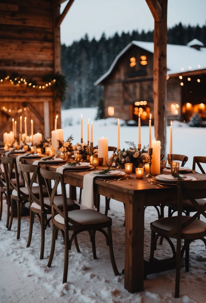 A cozy winter wedding scene with caramel and cream accents: a rustic barn filled with warm candlelight and soft, snowy landscapes outside