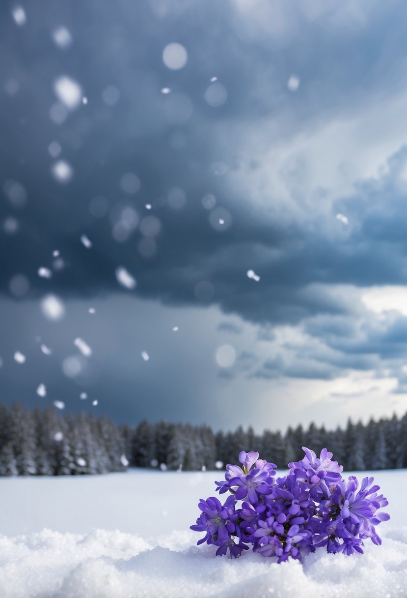 A snowy landscape with stormy gray skies, accented by soft lavender flowers and decor