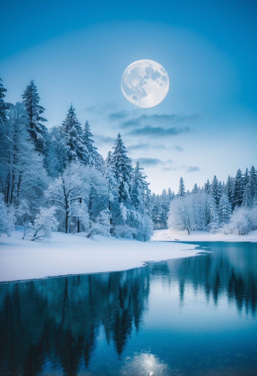 An ice blue winter landscape with metallic accents. Snow-covered trees and a frozen lake reflecting the silver moonlight