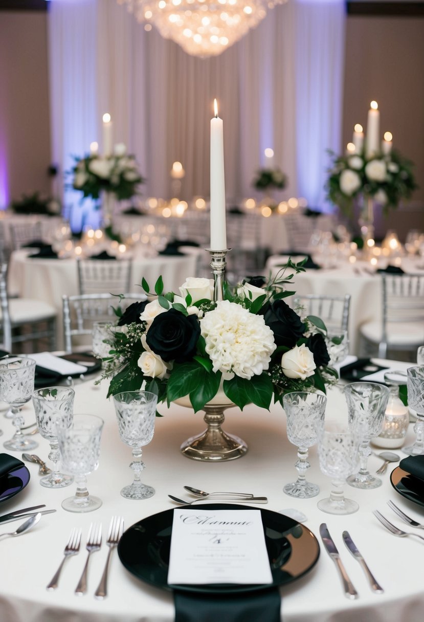 A table adorned with elegant black and white floral centerpieces, silver candle holders, and crystal glassware for a formal wedding reception