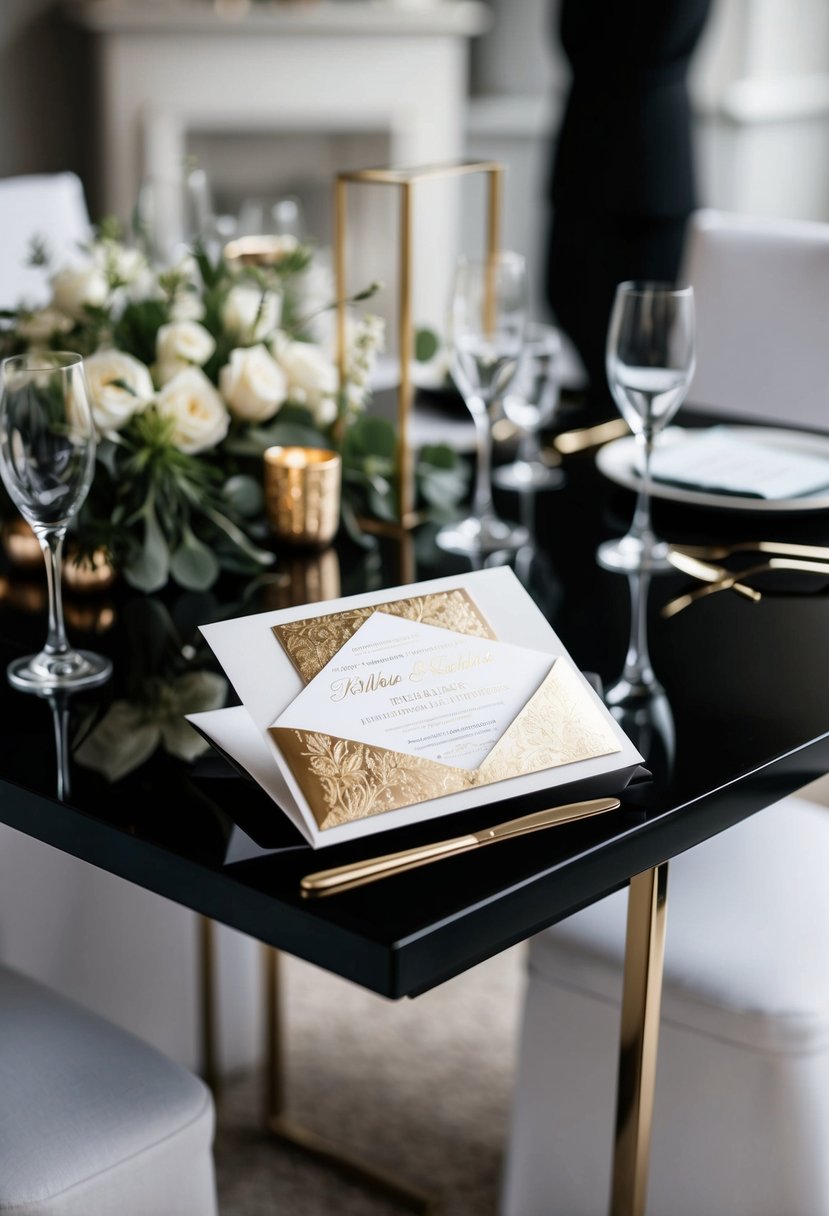 Foil-stamped invitations sit atop a sleek black table, surrounded by elegant black tie wedding decor