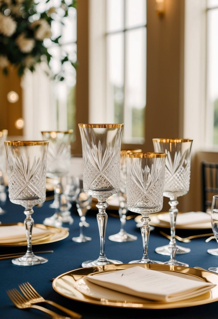 Elegant gold-rimmed crystal glassware on a formal black tie wedding table