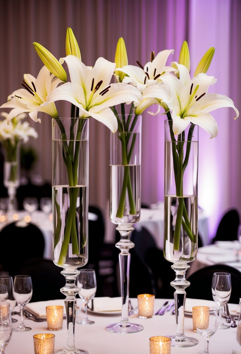 Tall crystal vases hold white lilies, elegant black tie wedding table decor