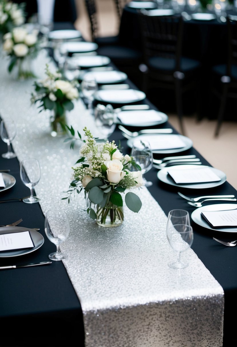 Metallic silver table runners adorn a sleek black tie wedding table, adding a touch of elegance to the decor