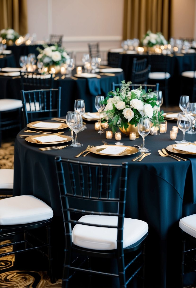 Black tablecloths adorned with elegant gold accents, creating a sophisticated and luxurious ambiance for a black tie wedding celebration