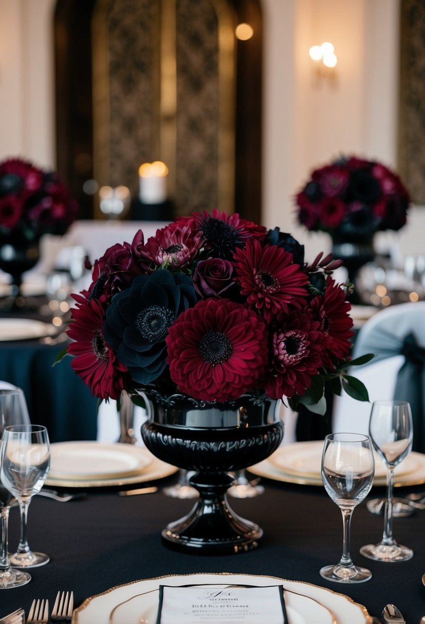 Rich burgundy and black flowers arranged in a baroque style centerpiece on a formal black-tie wedding table