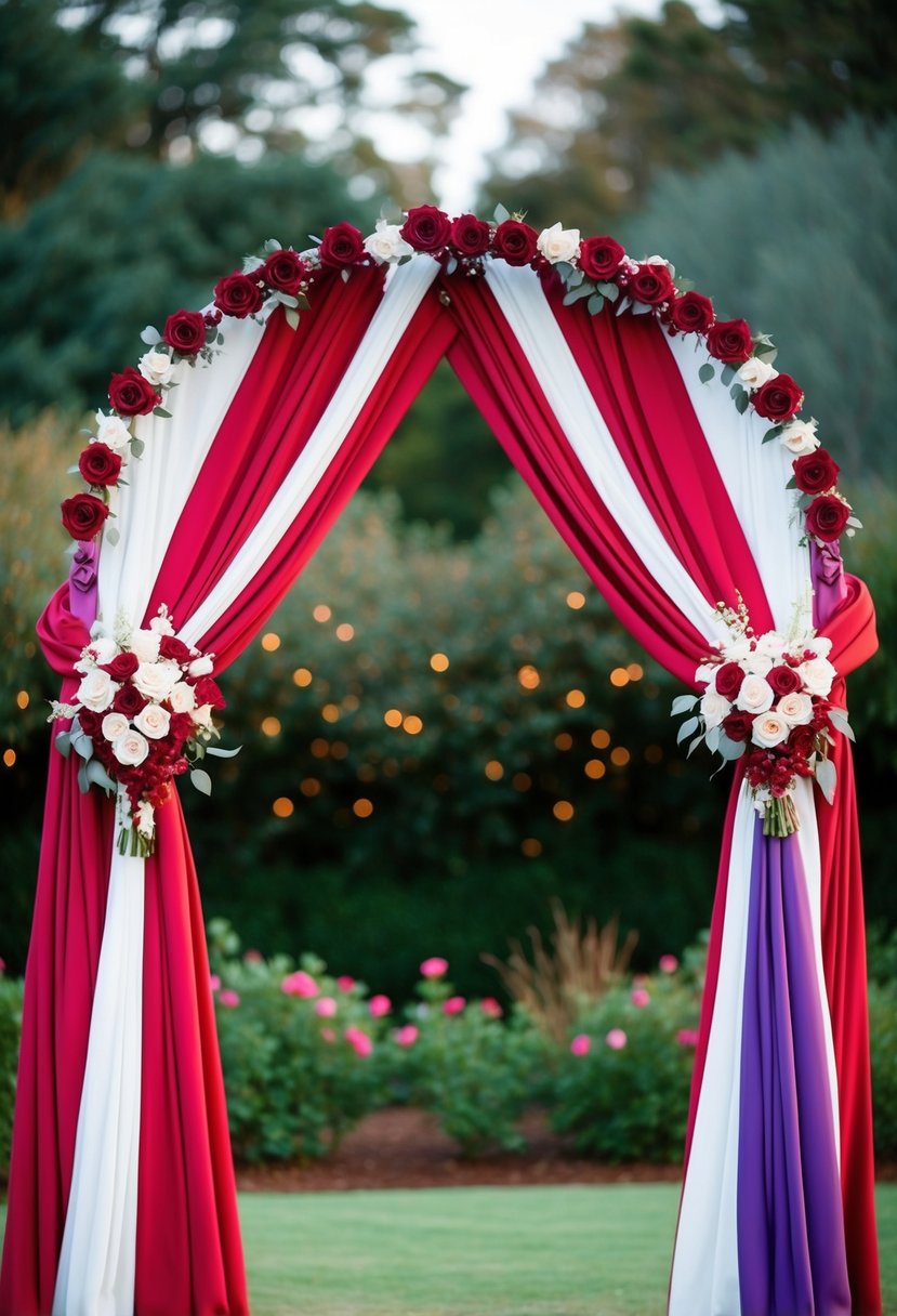 A blood red and purple wedding arch adorned with roses and draped fabric