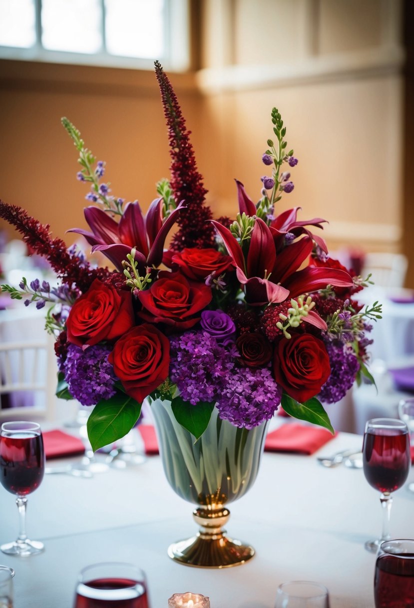 Blood red and purple flowers arranged in an elegant wedding centerpiece