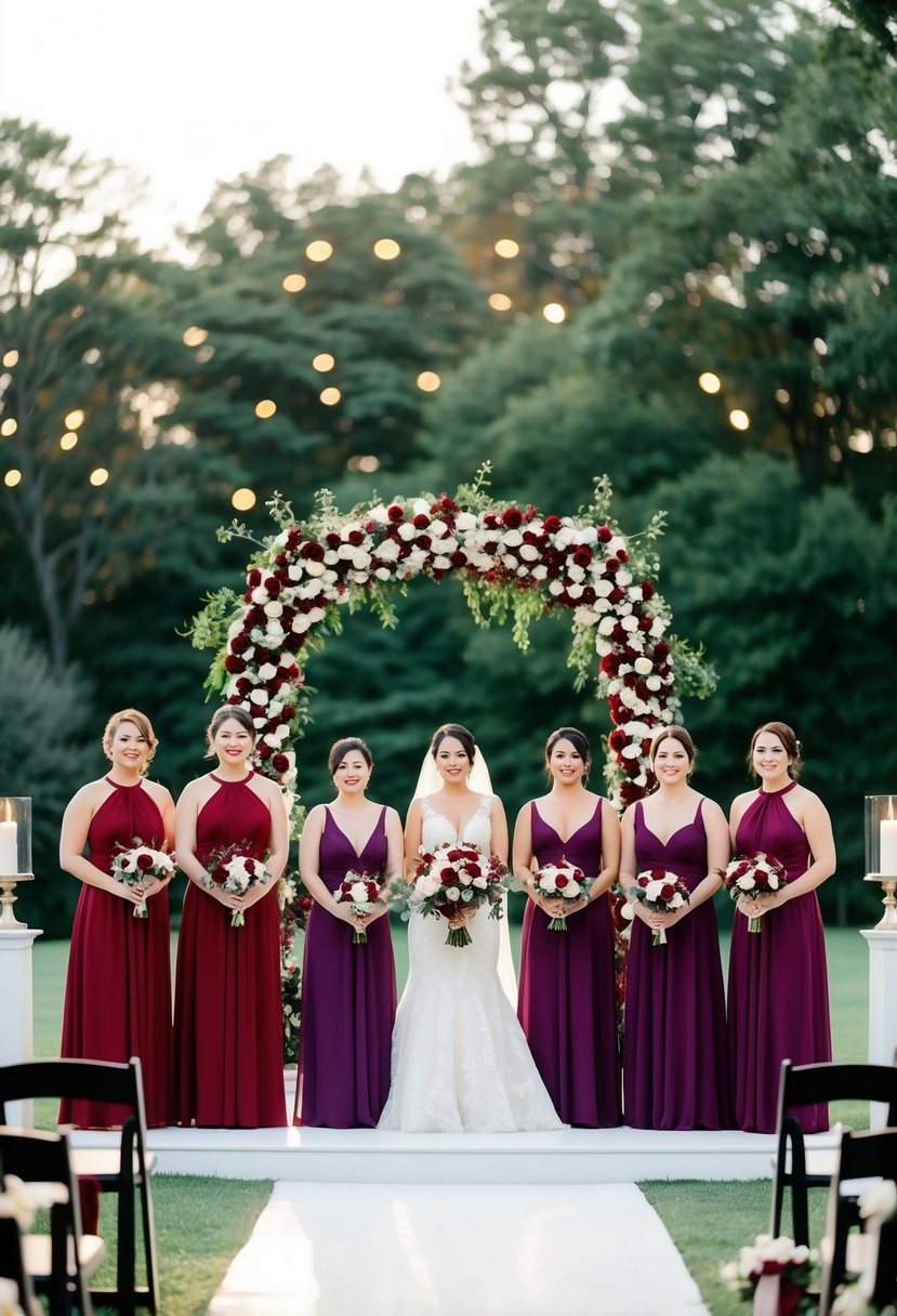 A wedding altar adorned with blood red and purple bridesmaid dresses