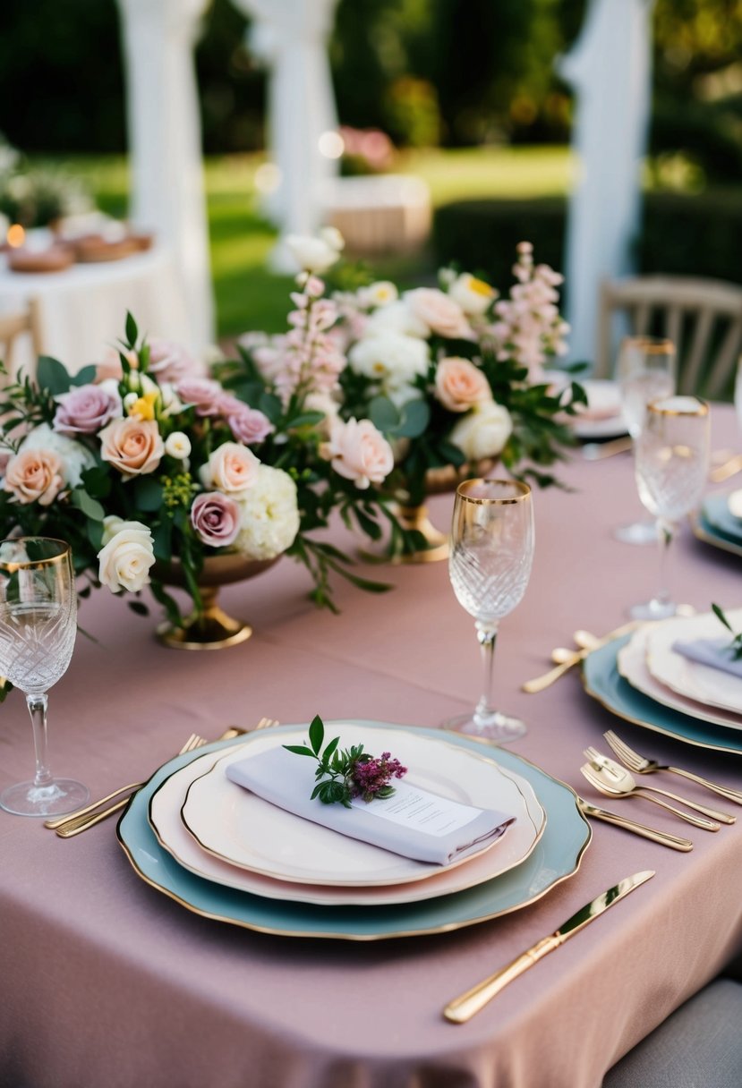 A beautiful wedding table setting with mauve tablecloth, floral centerpieces, and elegant dinnerware