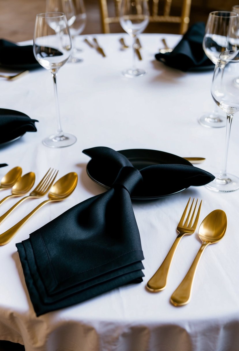 Gold cutlery laid out on a white tablecloth with black napkins folded neatly and a black tie draped over the back of a chair