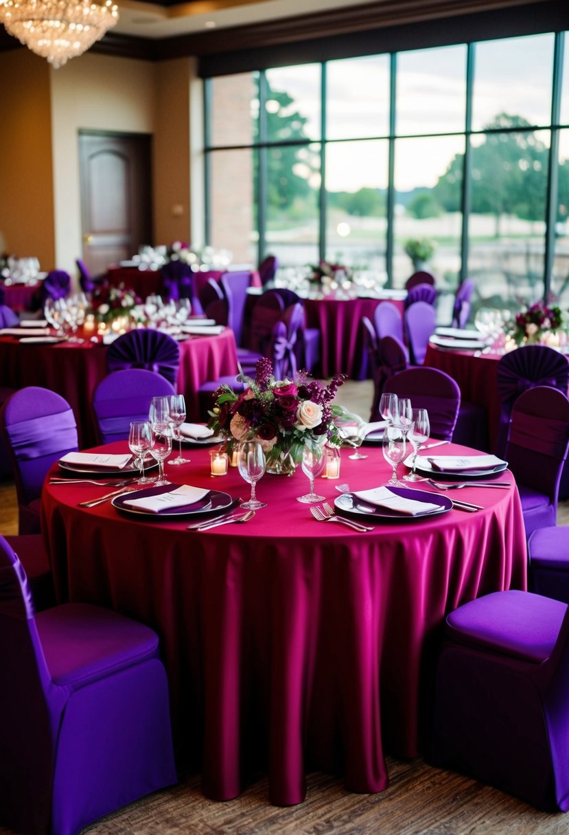 Blood red and purple table linens arranged in an elegant wedding setting, with garnet and amethyst accents