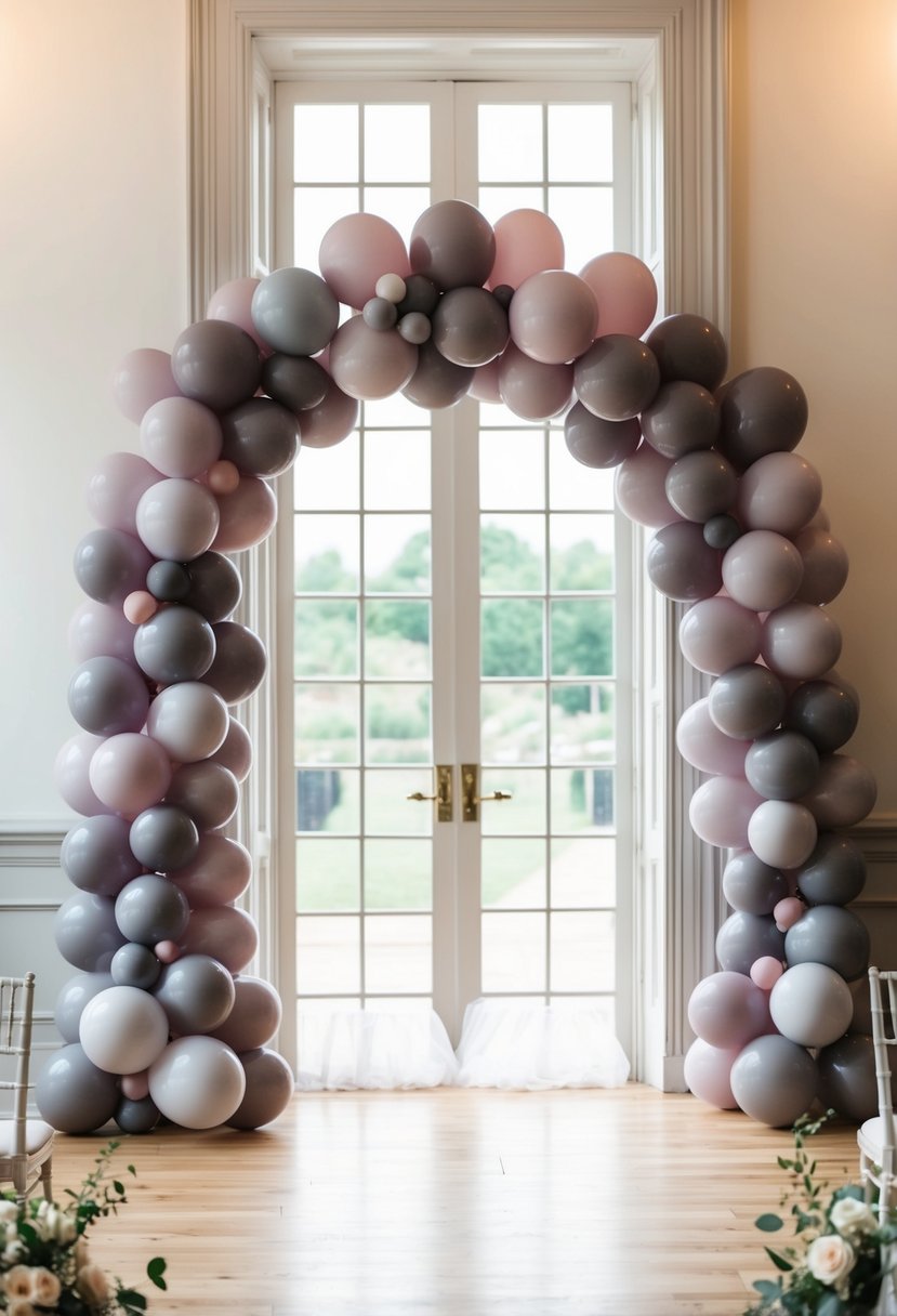 A graceful balloon arch in shades of mauve and grey, framing a romantic wedding setting