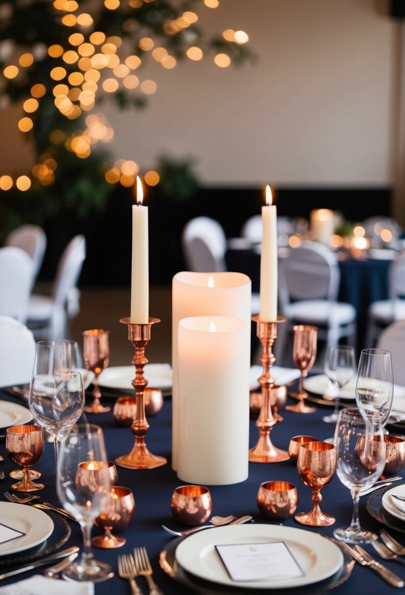 Elegant black-tie wedding table adorned with copper candle holders