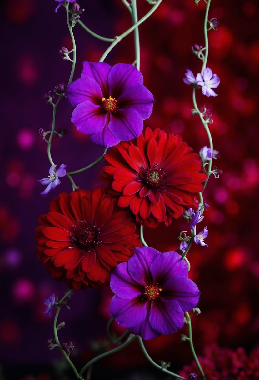 Blood red and purple flowers intertwined with elegant vines, set against a backdrop of deep red and rich purple hues