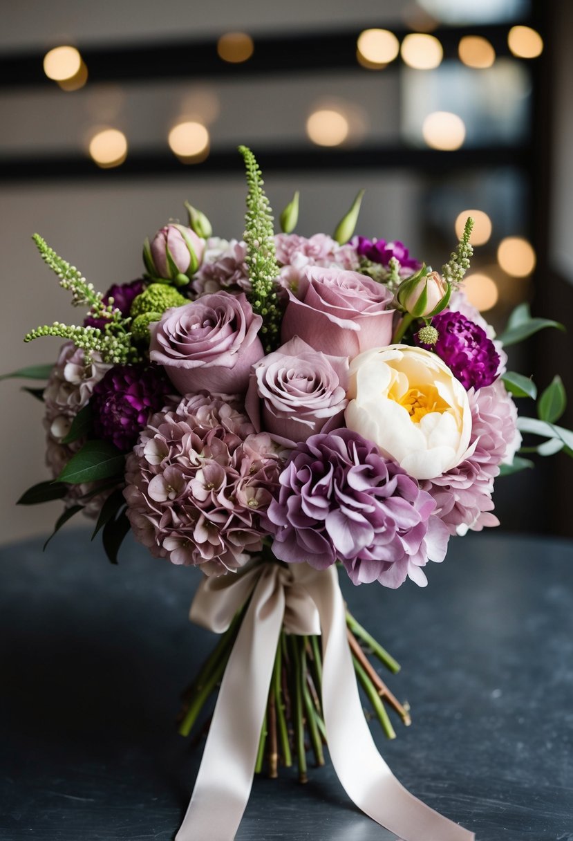 A lush bouquet of mauve flowers, including roses, peonies, and hydrangeas, tied with a satin ribbon