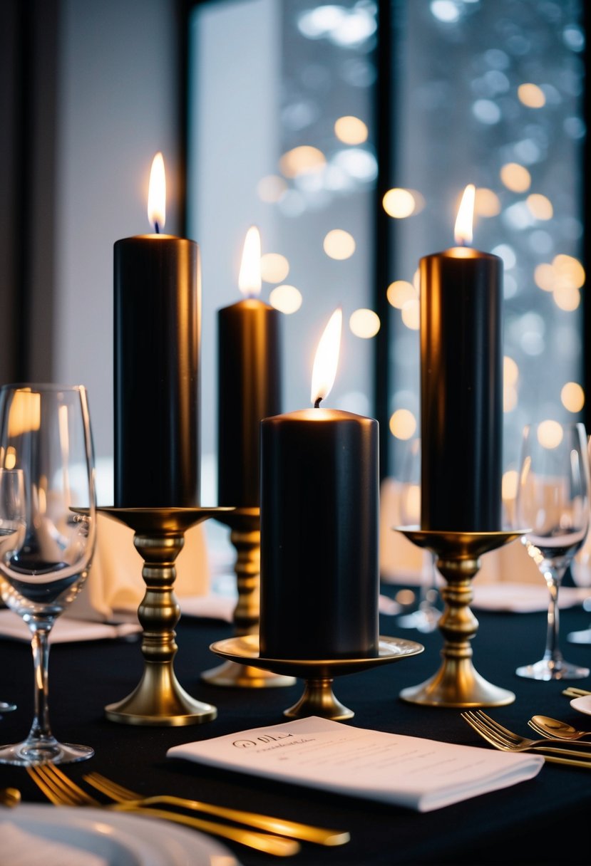 Black candles in gold holders adorn a sleek black tie wedding table, casting a romantic and elegant glow