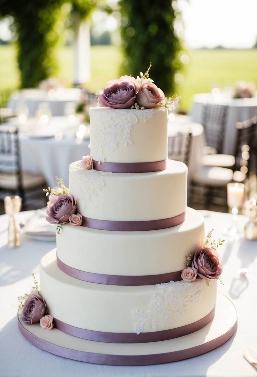 A three-tiered wedding cake adorned with delicate mauve lace and floral accents