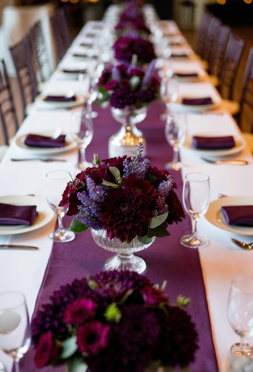 A table adorned with burgundy and lavender centerpieces, creating a rich and elegant color scheme for a wedding