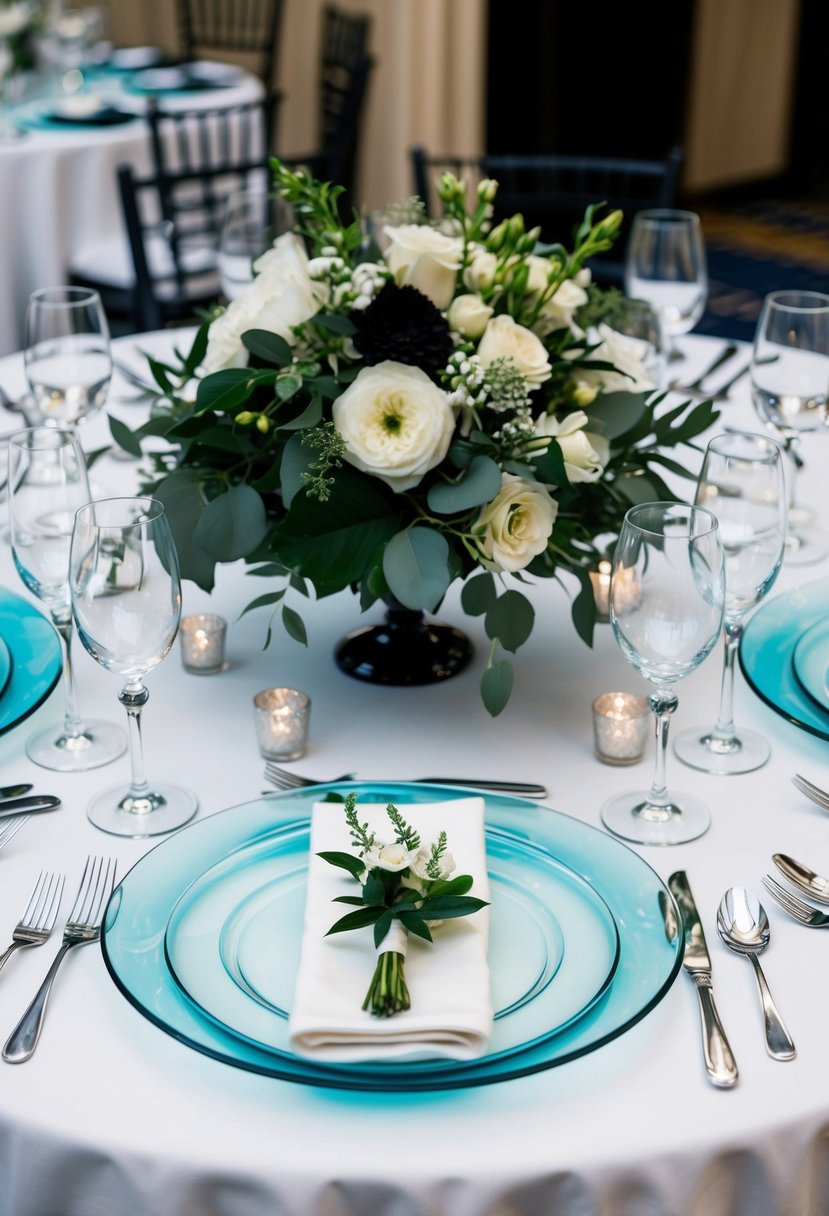 A table set with black tie wedding decor: elegant glass charger plates, polished silverware, and luxurious floral centerpieces