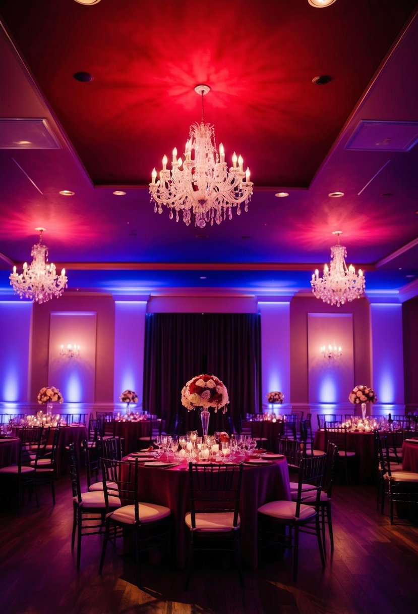 Blood red and purple lighting illuminates a romantic wedding venue, casting a rich and dramatic ambiance