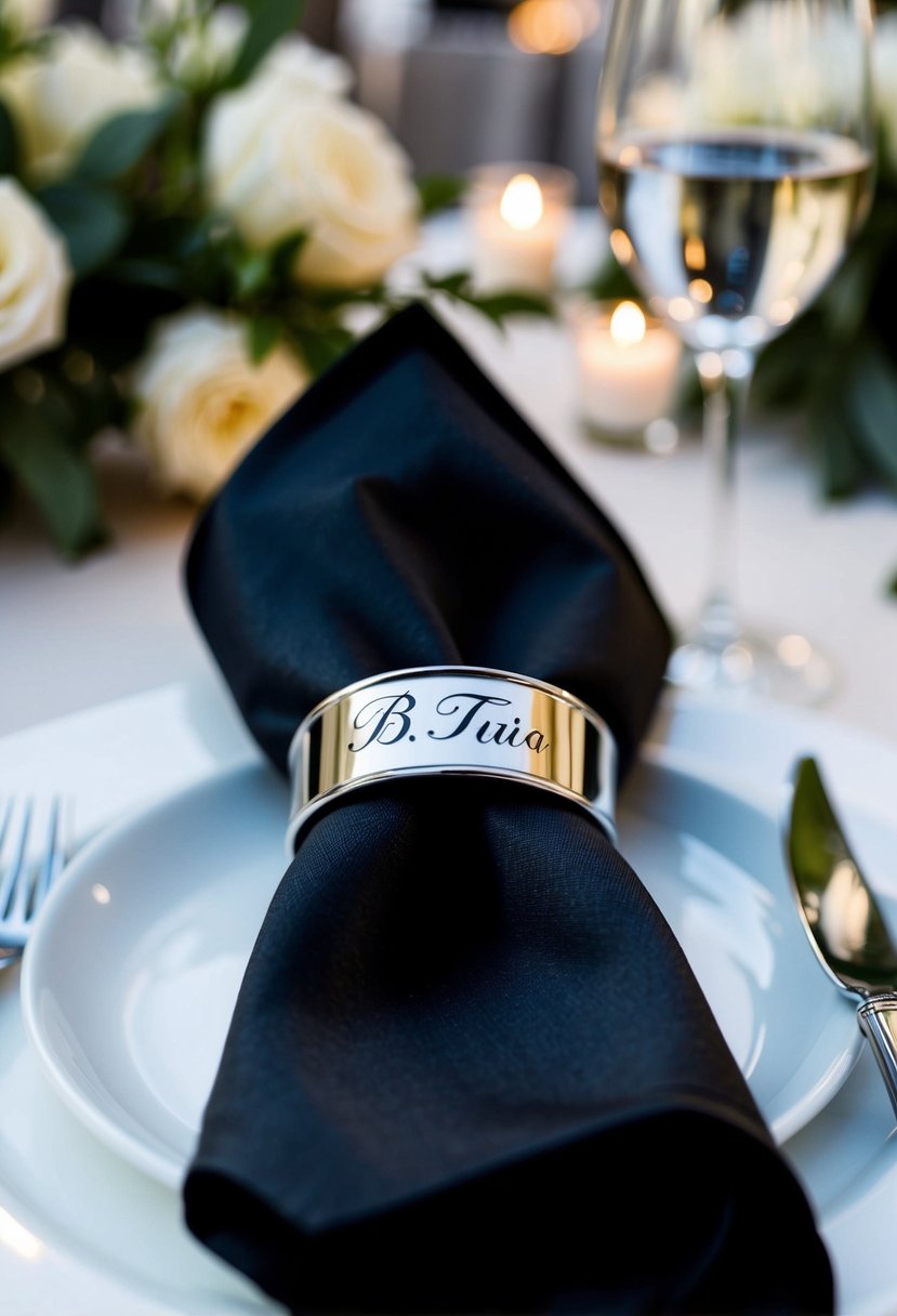 A table adorned with personalized black tie napkin rings, adding an elegant touch to a black tie wedding reception