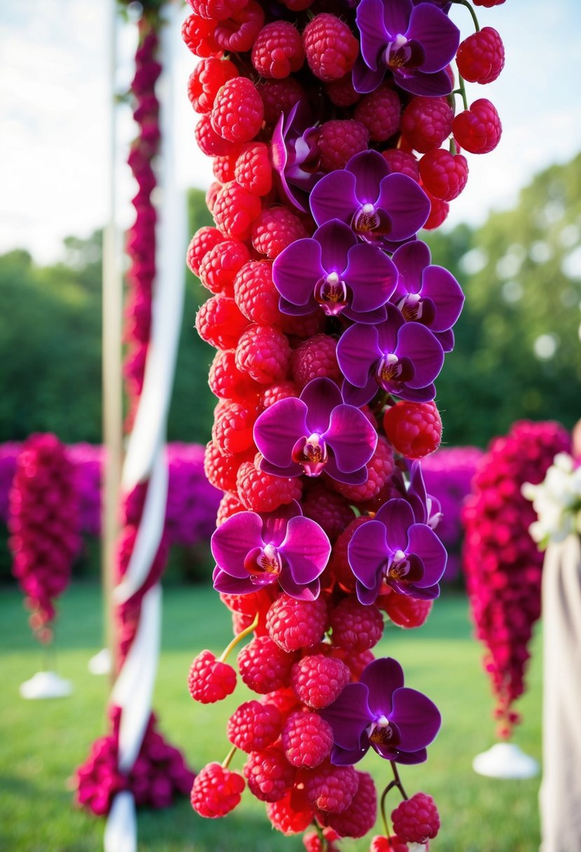 Blood red raspberries and deep purple orchids cascade down a ceremonial backdrop, creating a vibrant and elegant wedding color scheme