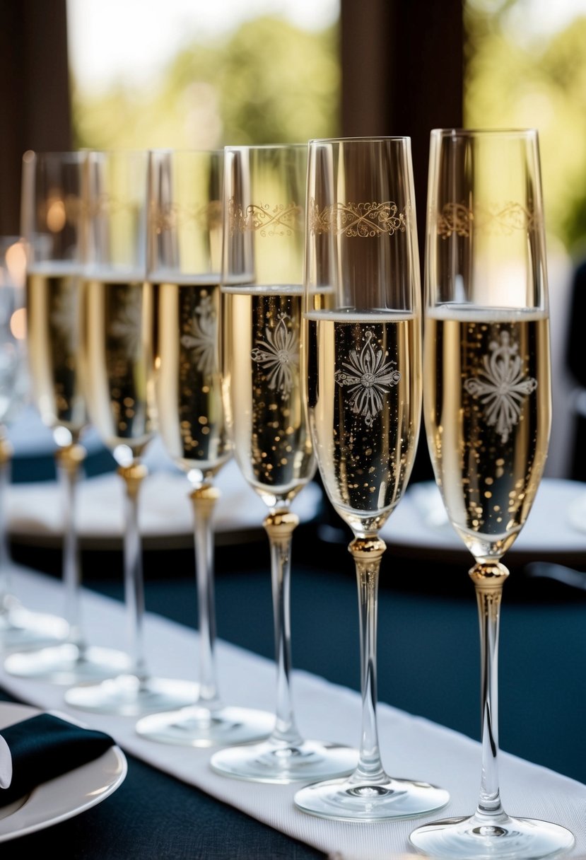 Elegant champagne flutes with gold etching arranged on a black tie wedding table