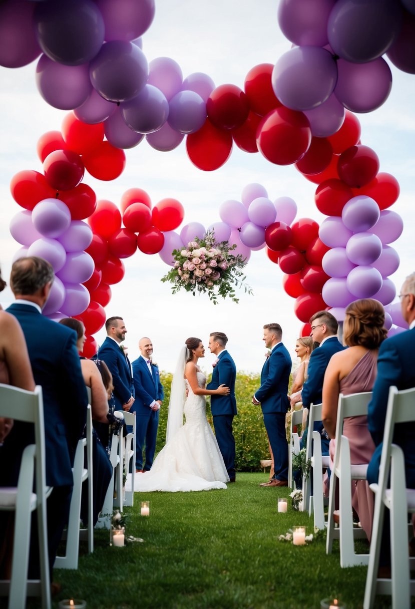 Crimson and lilac balloon arches framing a wedding ceremony