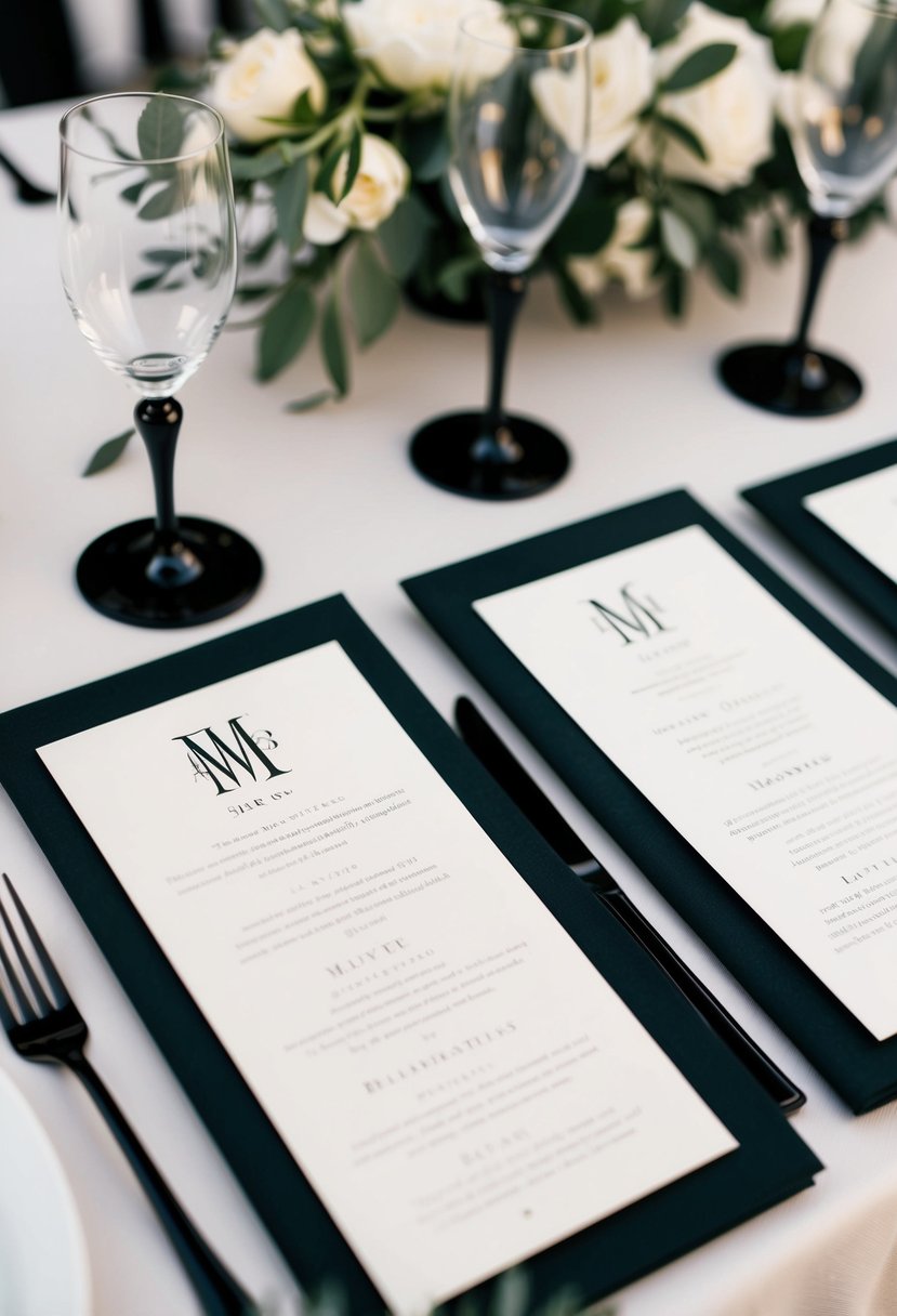 Monogrammed black and white menus arranged on elegant wedding table with black tie decorations