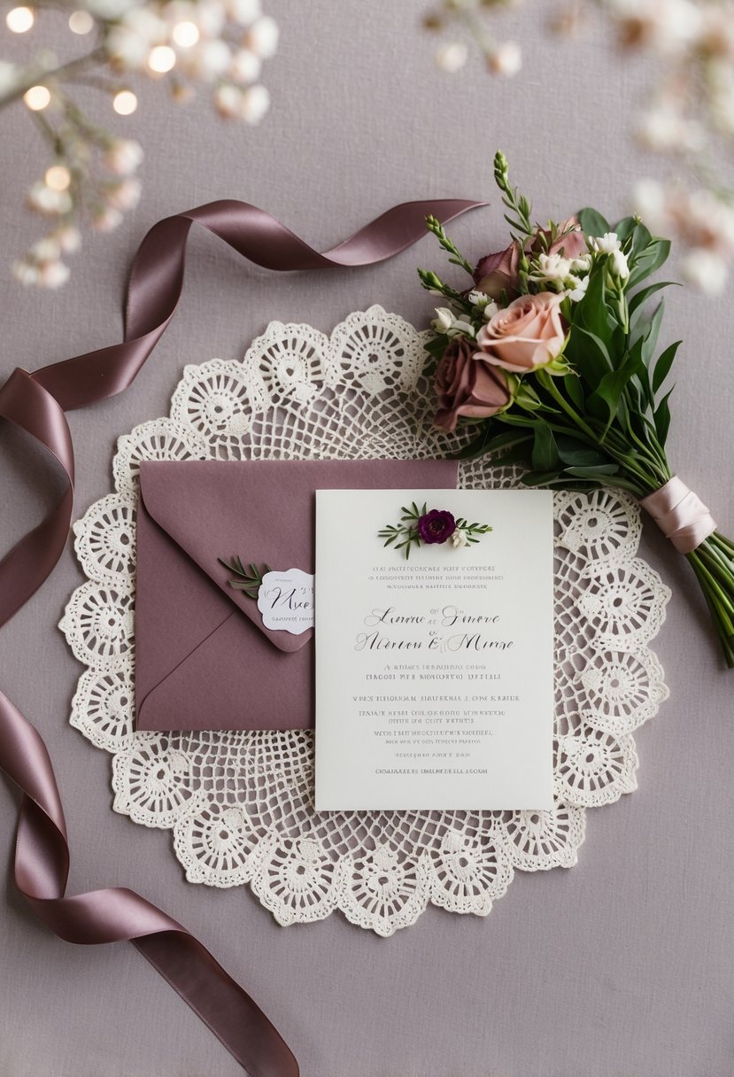 A vintage mauve invitation suite displayed on a lace doily with a bouquet of matching flowers and a ribbon