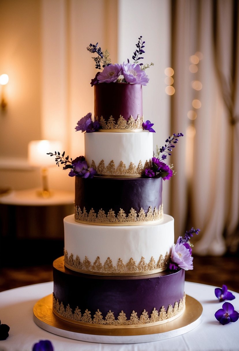 A three-tiered wedding cake with deep claret and wine-colored icing, adorned with delicate purple flowers and intricate gold detailing