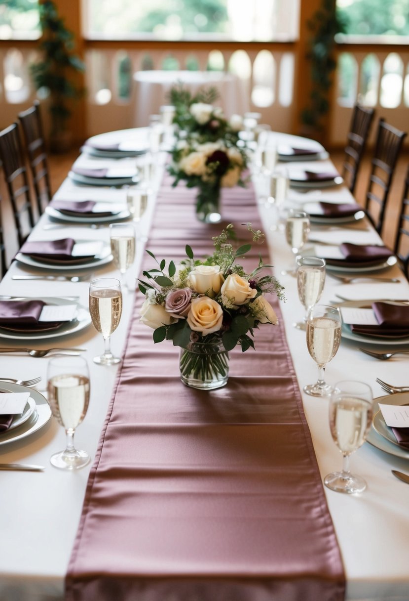 A table adorned with silk mauve runners, set with elegant wedding decor in matching hues