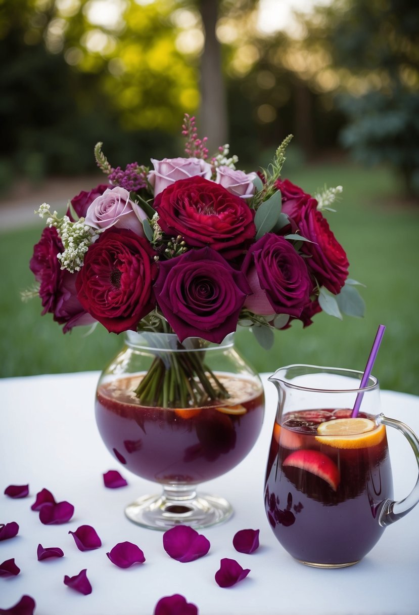 Blood red and mauve bridesmaid bouquets arranged in a glass vase, with a pitcher of sangria and scattered purple petals