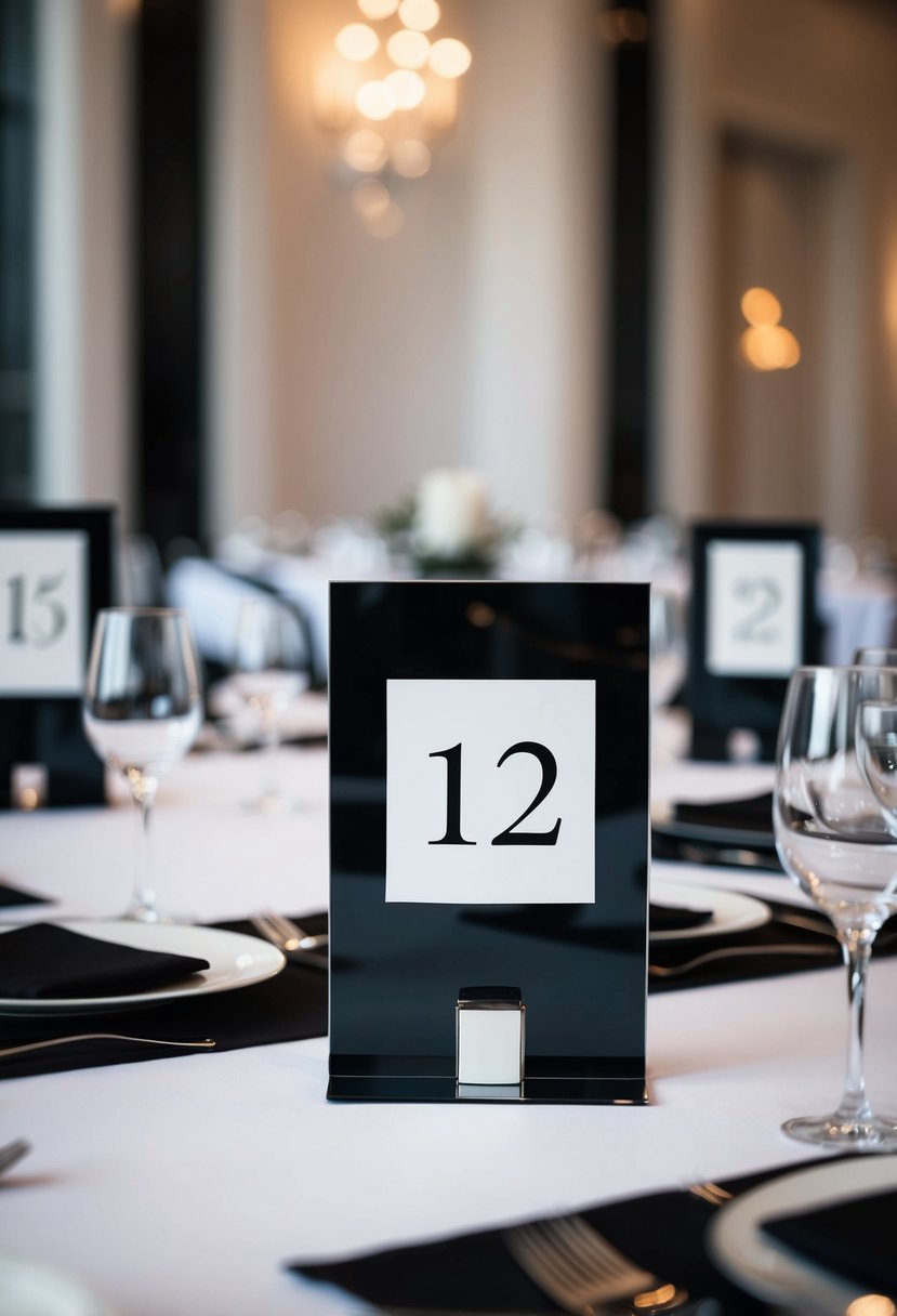 Elegant black and white table numbers displayed on sleek, modern tables at a sophisticated black tie wedding reception