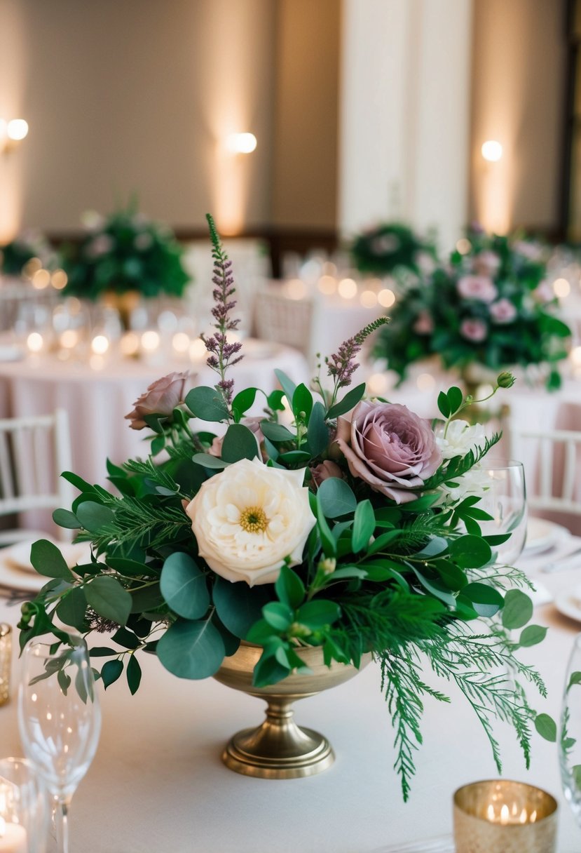 Lush greenery and delicate mauve flowers arranged in elegant centerpieces for a wedding reception