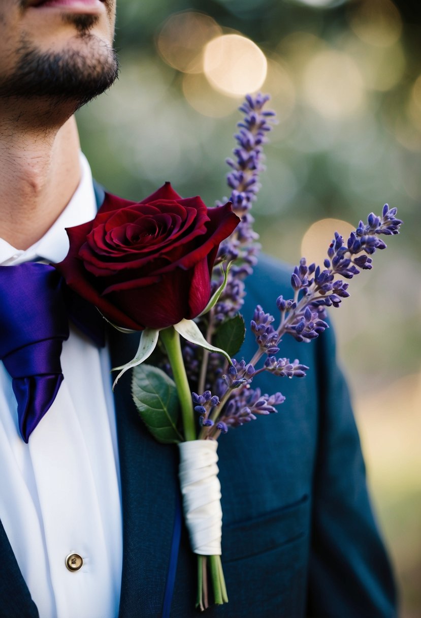 A blood red rose and a purple lavender sprig entwined in a groom's boutonnière