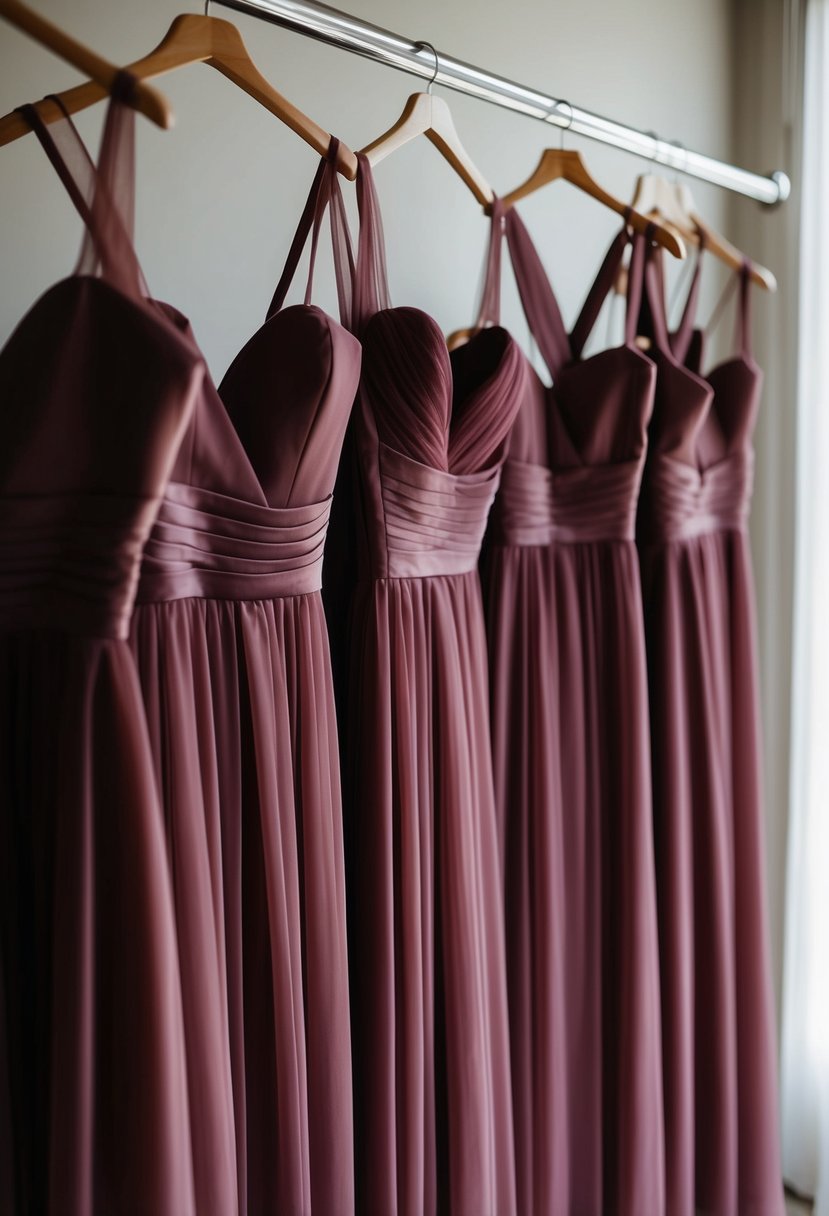 A row of deep mauve bridesmaid dresses hanging on a rack, with soft lighting highlighting the rich color and delicate fabric