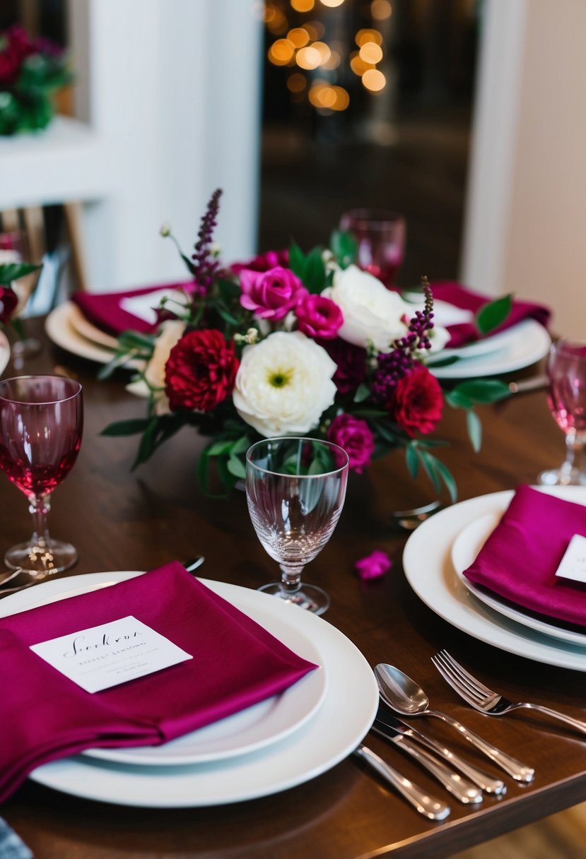 A table set with raspberry and plum colored plates, napkins, and floral centerpieces